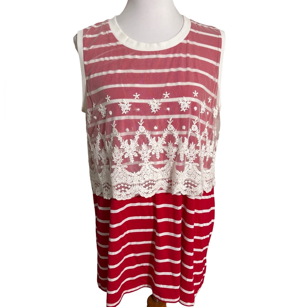 Suzanne Betro Red and White Striped Lace Blouse